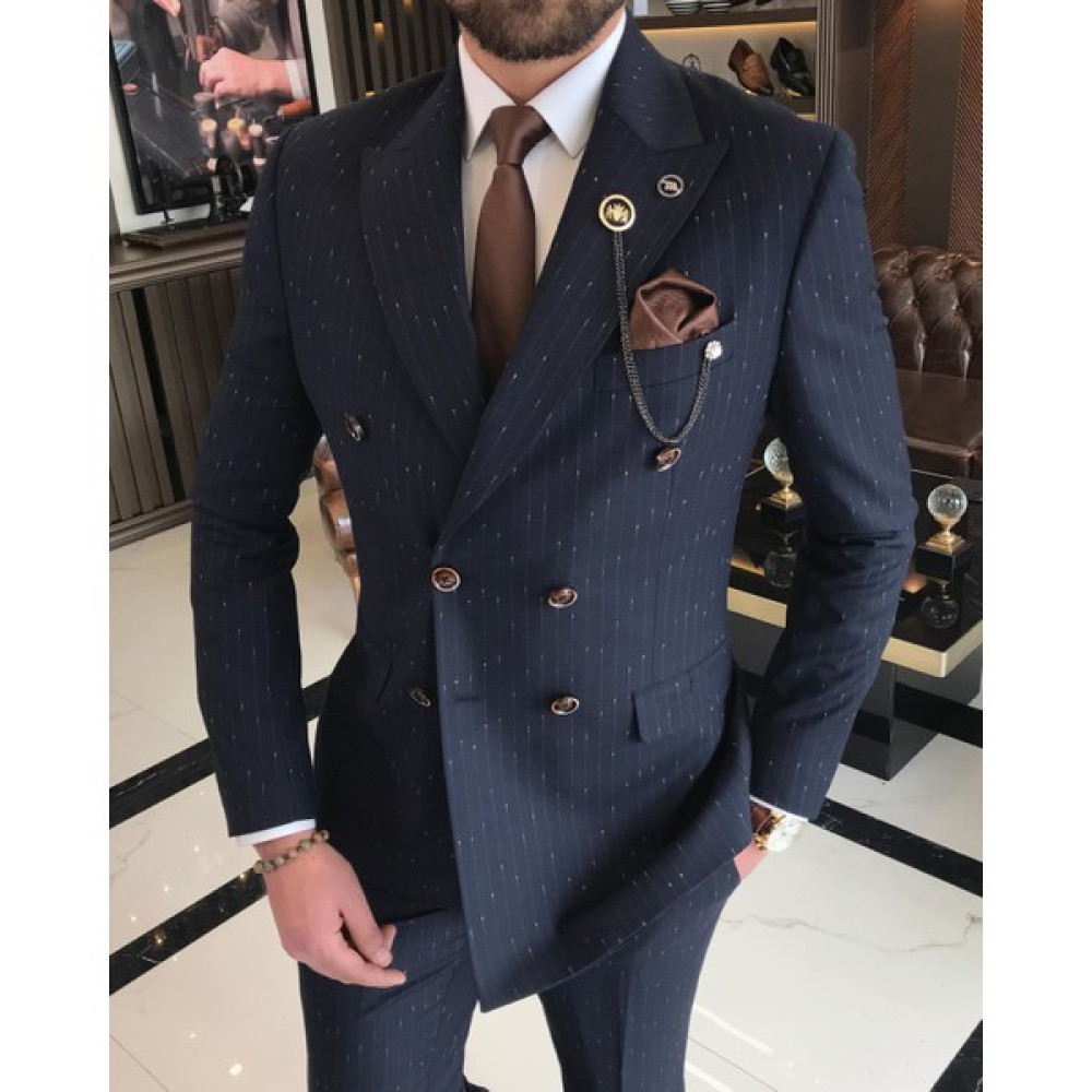 Terzi Adem Italyan Stil Slim Fit Çizgili Kruvaze Ceket Pantolon Takım Elbise Lacivert T9501 Erkek Takım Elbise Fiyatı