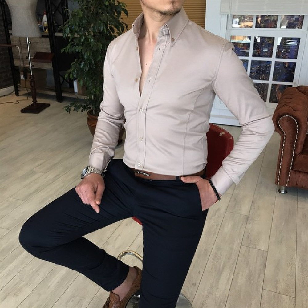 Terzi Adem İtalyan Stil Slim Fit Dik Yaka Saten Erkek Gömlek Bej T4751 Erkek Gömlek Fiyatı