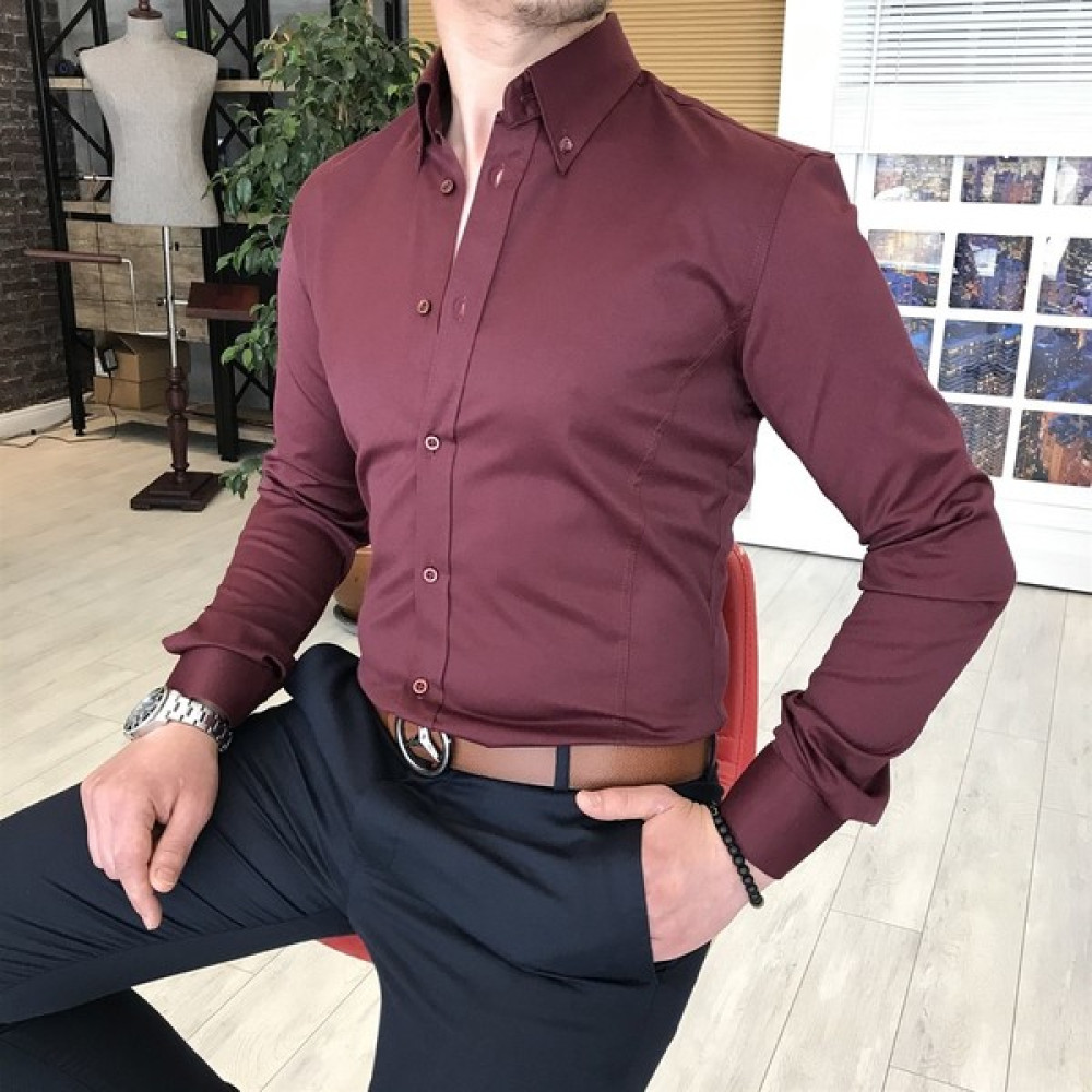 Terzi Adem İtalyan Stil Slim Fit Dik Yaka Saten Erkek Gömlek Bordo T4742 Erkek Gömlek Fiyatı