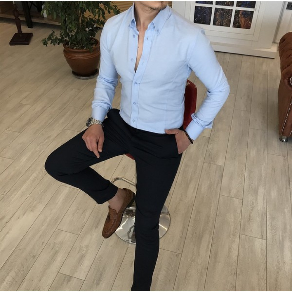 Terzi Adem İtalyan Stil Slim Fit Dik Yaka Saten Erkek Gömlek Buz Mavisi T4749 Erkek Gömlek Fiyatı