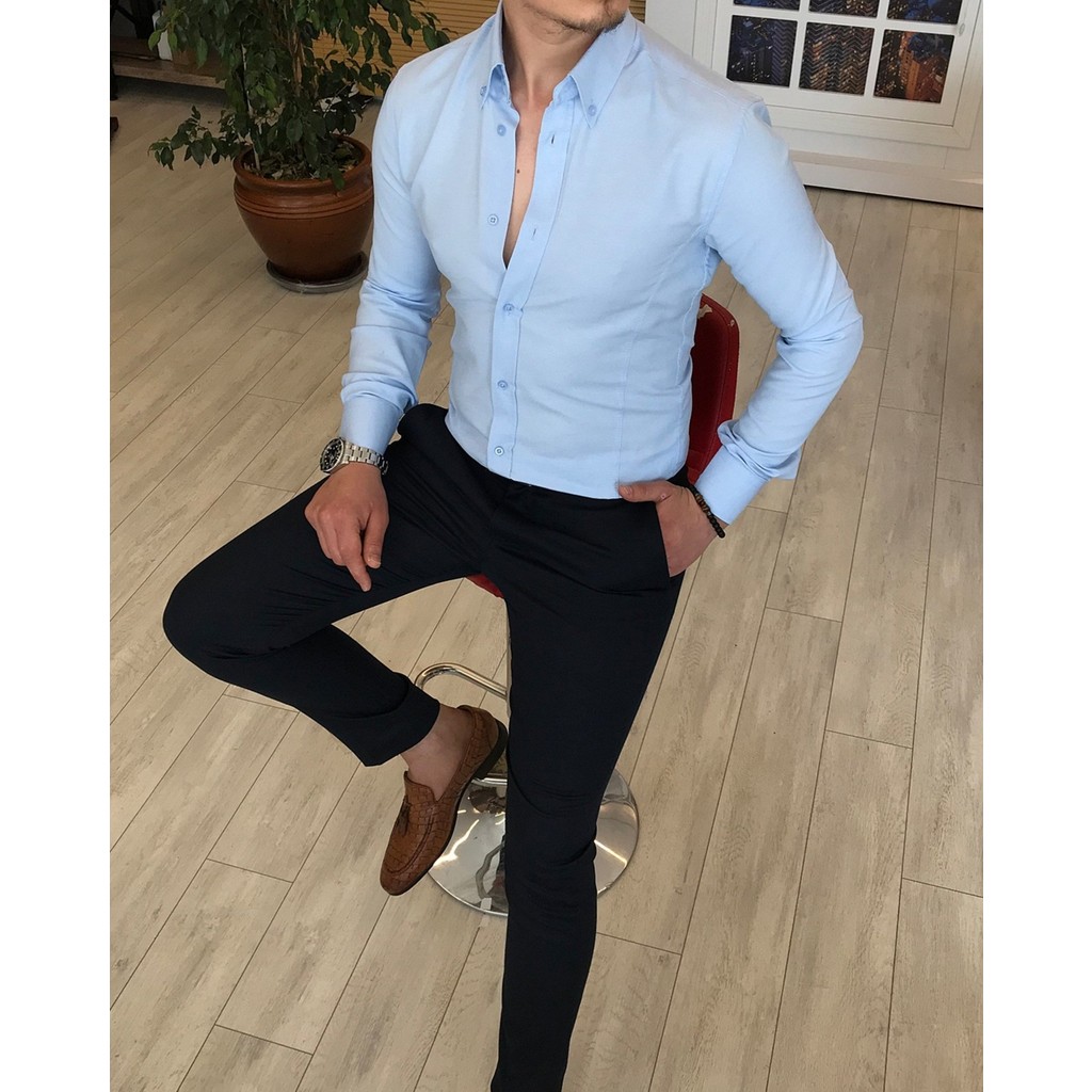 Terzi Adem italyan stil slim fit dik yaka saten erkek gömlek Buz Mavisi T4749 Erkek Gömlek Fiyatı