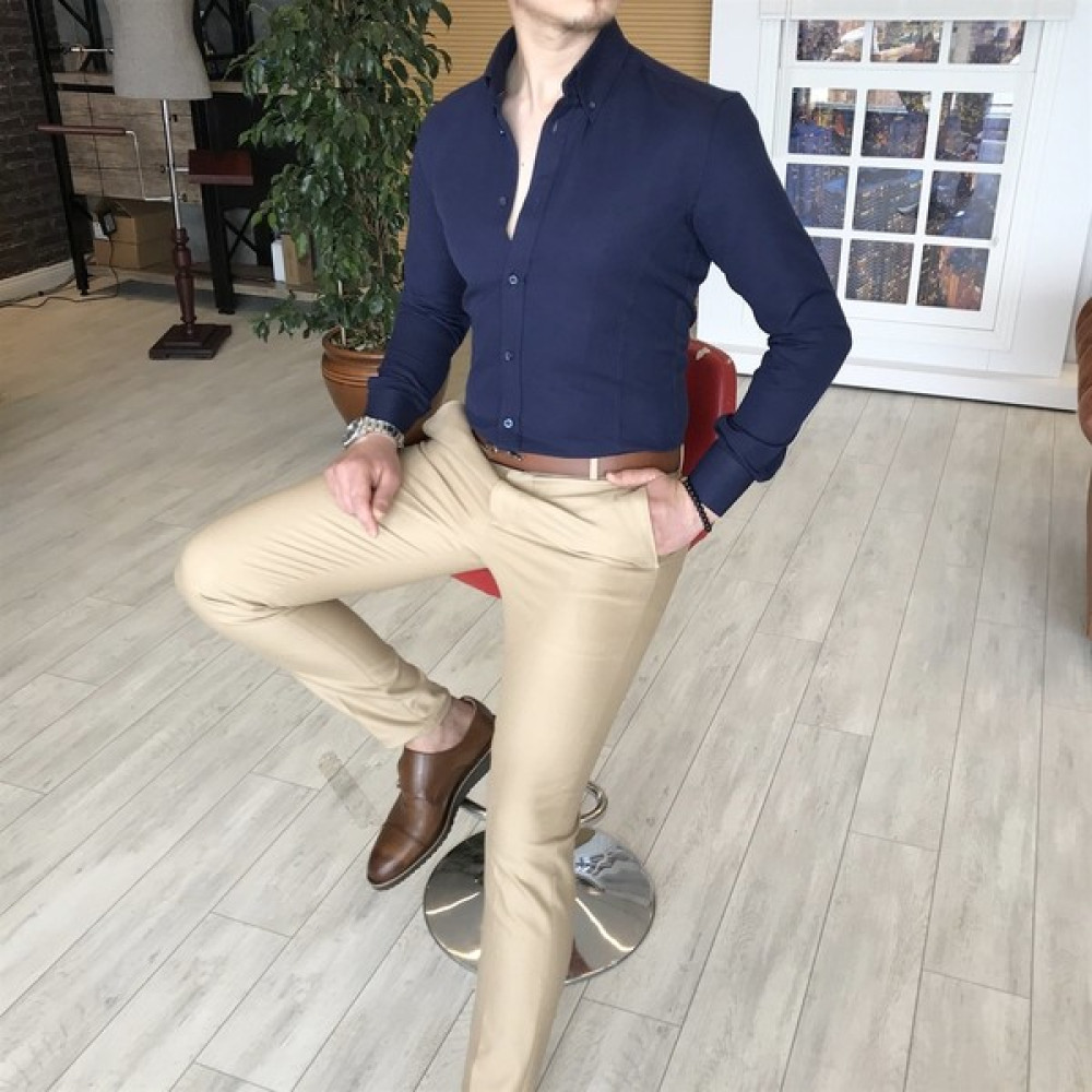 Terzi Adem İtalyan Stil Slim Fit Dik Yaka Saten Erkek Gömlek Koyu Lacivert T4740 Erkek Gömlek Fiyatı