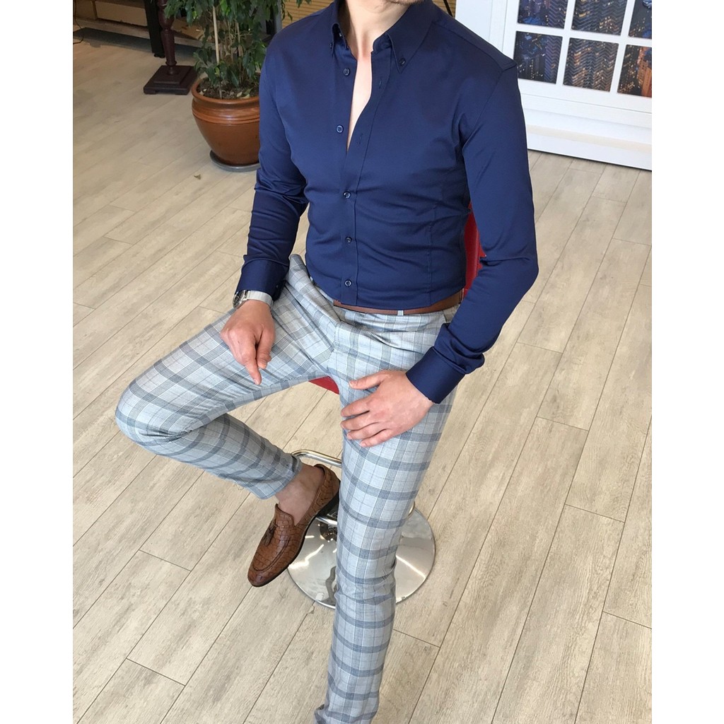 Terzi Adem italyan stil slim fit dik yaka saten erkek gömlek Lacivert T4741 Giyim & İç Giyim Fiyatı