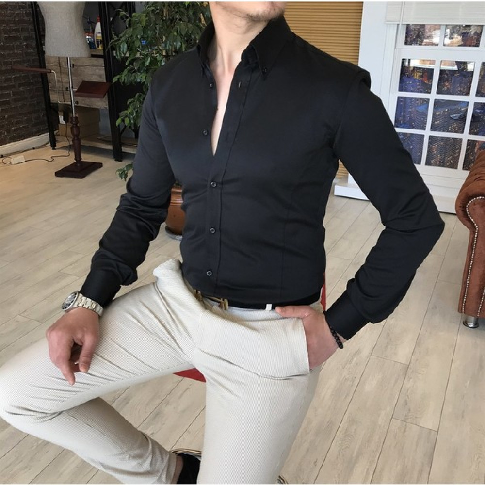 Terzi Adem İtalyan Stil Slim Fit Dik Yaka Saten Erkek Gömlek Siyah T4739 Erkek Gömlek Fiyatı