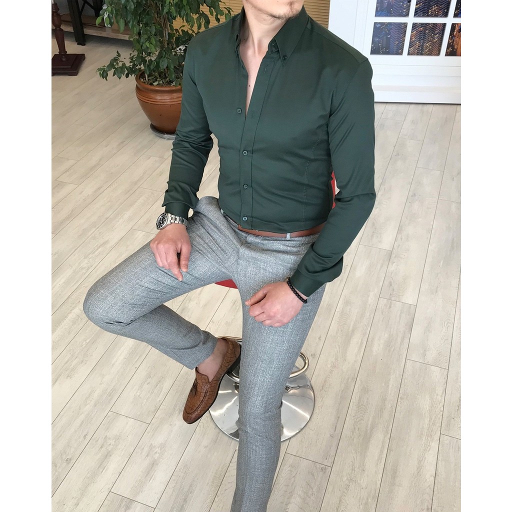 Terzi Adem italyan stil slim fit dik yaka saten erkek gömlek Yeşil T4743 Giyim & İç Giyim Fiyatı