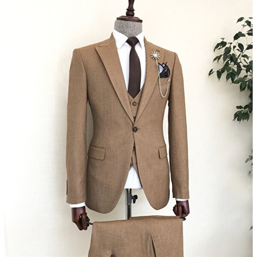 Terzi Adem Italyan Stil Slim Fit Erkek Ceket Yelek Pantolon Takım Elbise Camel T8430 Erkek Takım Elbise Fiyatı