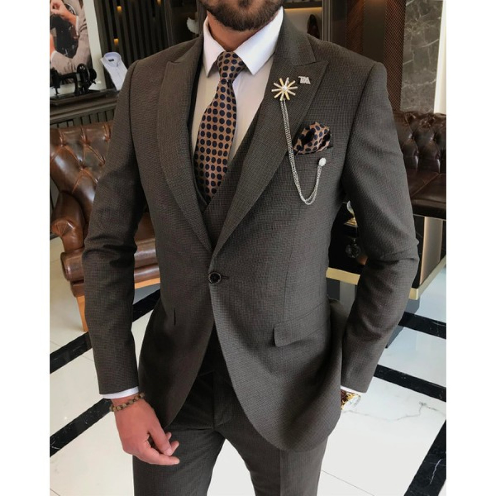 Terzi Adem Italyan Stil Slim Fit Erkek Ceket Yelek Pantolon Takım Elbise Kahverengi T9534 Erkek Takım Elbise Fiyatı