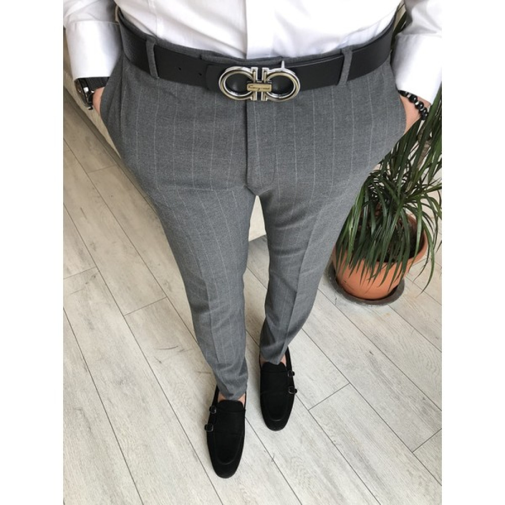 Terzi Adem Italyan Stil Slim Fit Erkek Çizgili Kumaş Pantolon Gri T6162 Erkek Pantolon Fiyatı