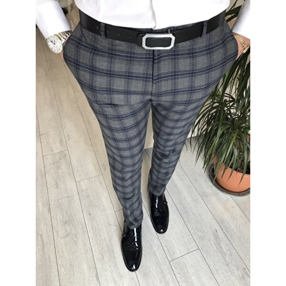 Terzi Adem Italyan Stil Slim Fit Erkek Ekose Kumaş Pantolon Gri T6497 Erkek Pantolon Fiyatı