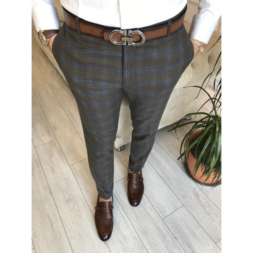 Terzi Adem Italyan Stil Slim Fit Erkek Ekose Kumaş Pantolon Kahverengi T6493 Erkek Pantolon Fiyatı
