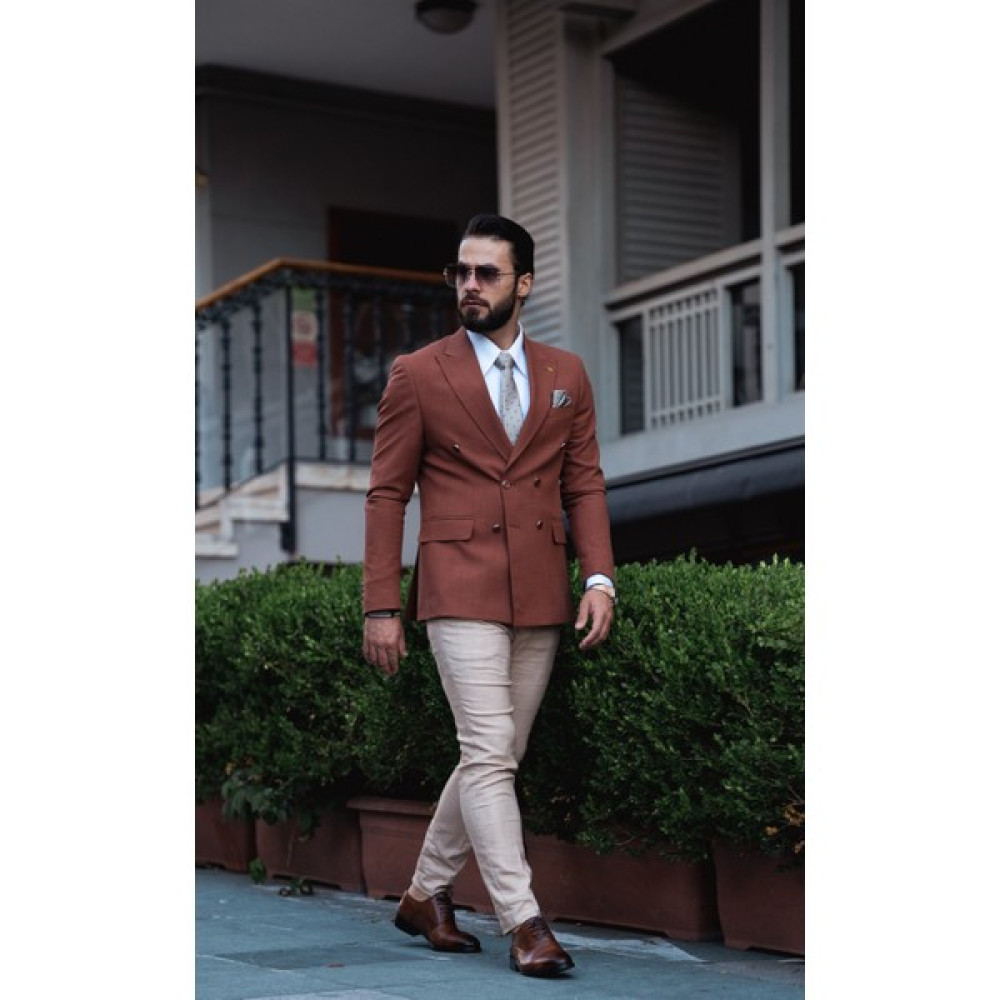 Terzi Adem Italyan Stil Slim Fit Erkek Kruvaze Yün Karışımlı Tek Ceket Kiremit T7852 Erkek Ceket Fiyatı