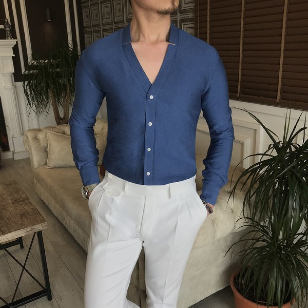 Terzi Adem Italyan Stil Slim Fit Erkek Likralı Hakim Yaka Gömlek Lacivert T5928 Erkek Gömlek Fiyatı