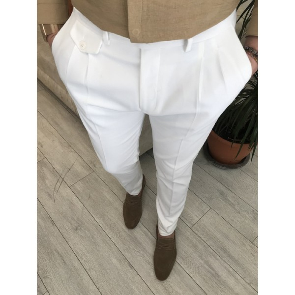 Terzi Adem Italyan Stil Slim Fit Erkek Pileli Kumaş Pantolon Beyaz T5290 Erkek Pantolon Fiyatı