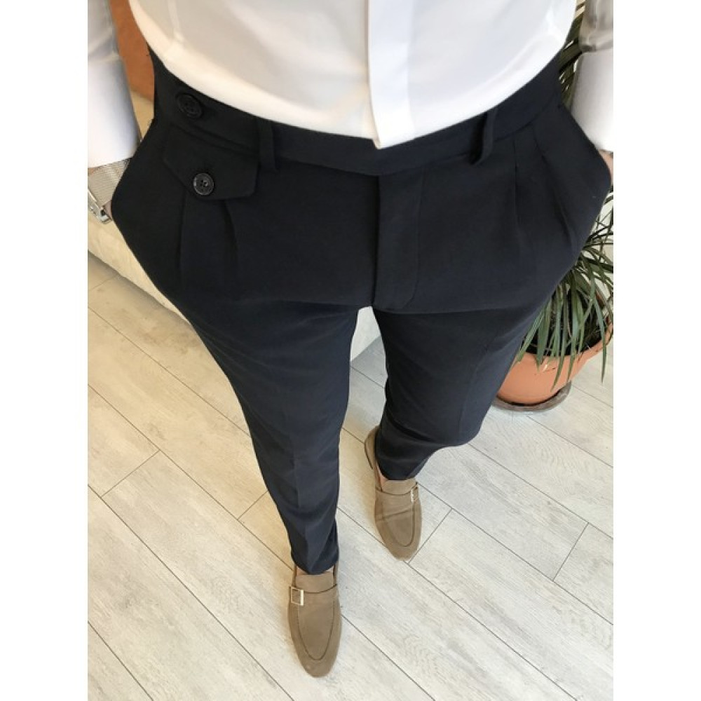 Terzi Adem Italyan Stil Slim Fit Erkek Pileli Kumaş Pantolon Lacivert T5288 Erkek Pantolon Fiyatı