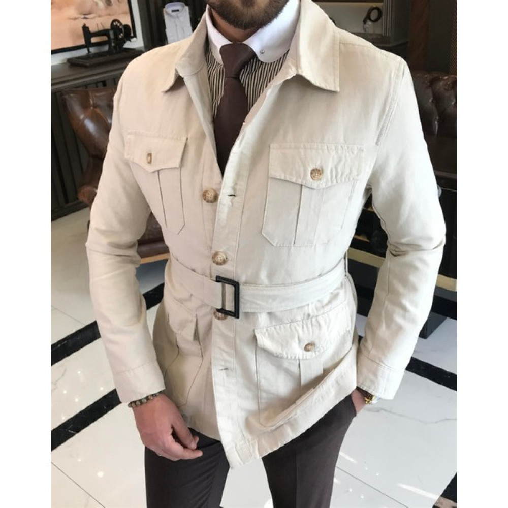 Terzi Adem Italyan Stil Slim Fit Keten Pamuk Karışımı Gömlek Yaka Erkek Trençkot Bej T9602 Erkek Mont Fiyatı