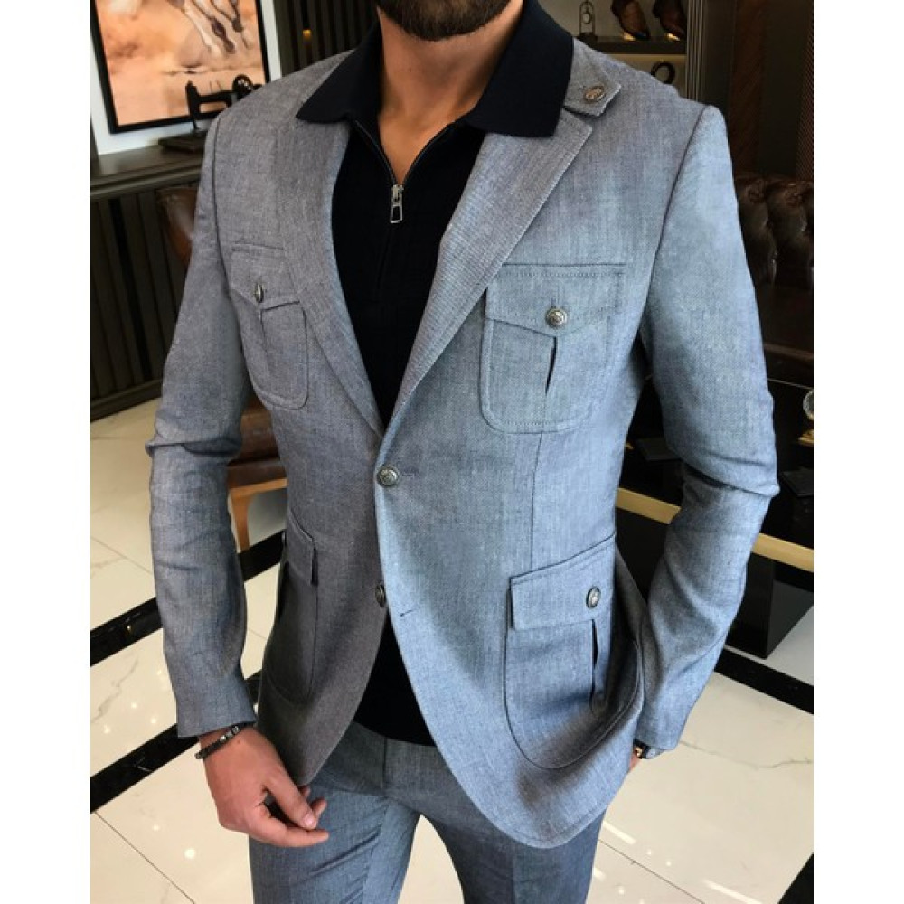 Terzi Adem Italyan Stil Slim Fit Keten Pamuk Karışımlı Safari Ceket Pantolon Takım Elbise Lacivert T9575 Erkek Takım Elbise Fiyatı