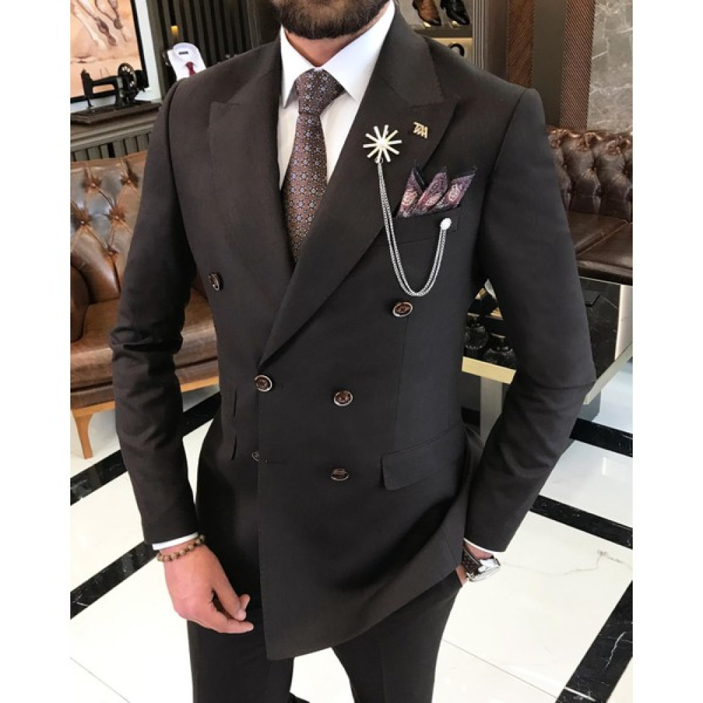 Terzi Adem Italyan Stil Slim Fit Kruvaze Ceket Pantolon Takım Elbise Kahverengi T9099 Erkek Takım Elbise Fiyatı