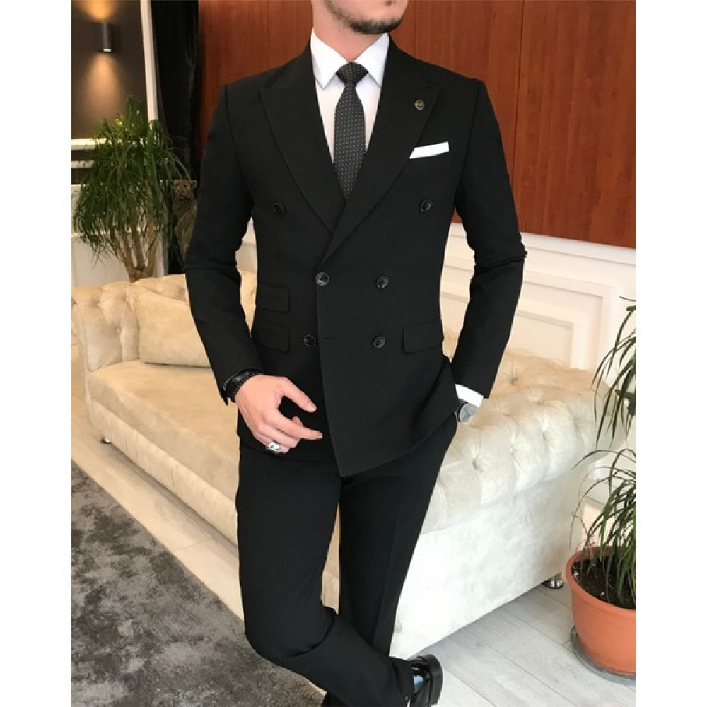Terzi Adem Italyan Stil Slim Fit Kruvaze Ceket Pantolon Takım Elbise Siyah T5324 Erkek Takım Elbise Fiyatı