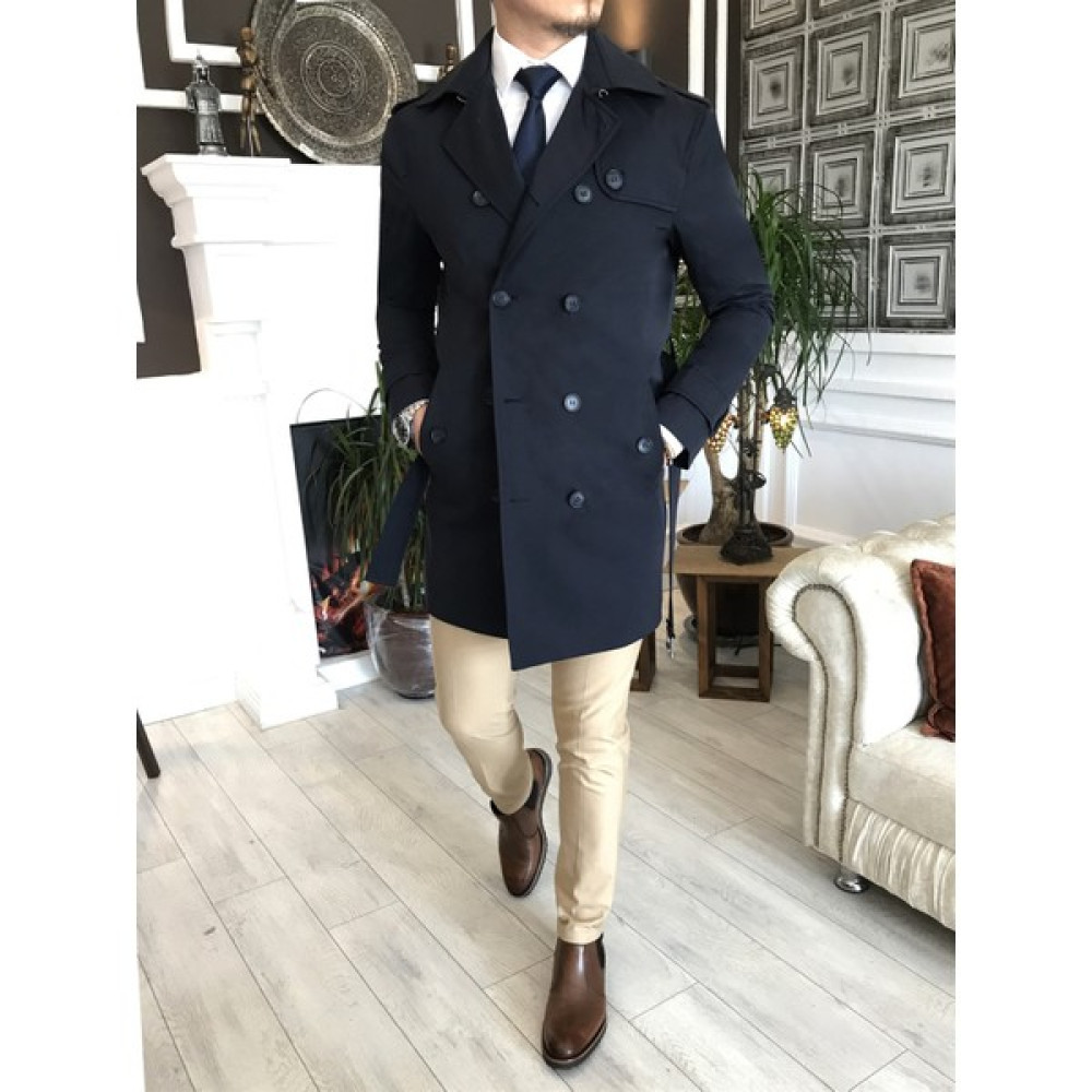 Terzi Adem Italyan Stil Slim Fit Mevsimlik Erkek Trençkot Mont Lacivert T4979 Erkek Mont Fiyatı