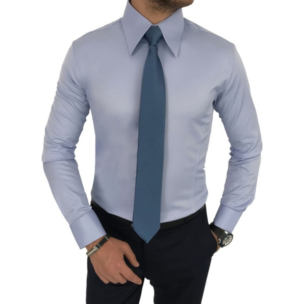 Terzi Adem Italyan Stil Slim Fit Sivri Yaka Saten Erkek Gömlek Mavi T7215 Erkek Gömlek Fiyatı