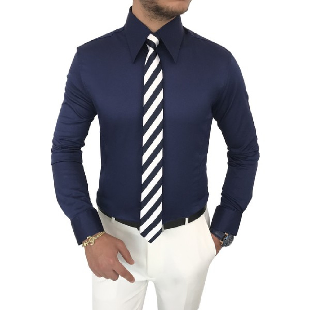 Terzi Adem Italyan Stil Slim Fit Sivri Yaka Saten Erkek Gömlek Saks T7208 Erkek Gömlek Fiyatı