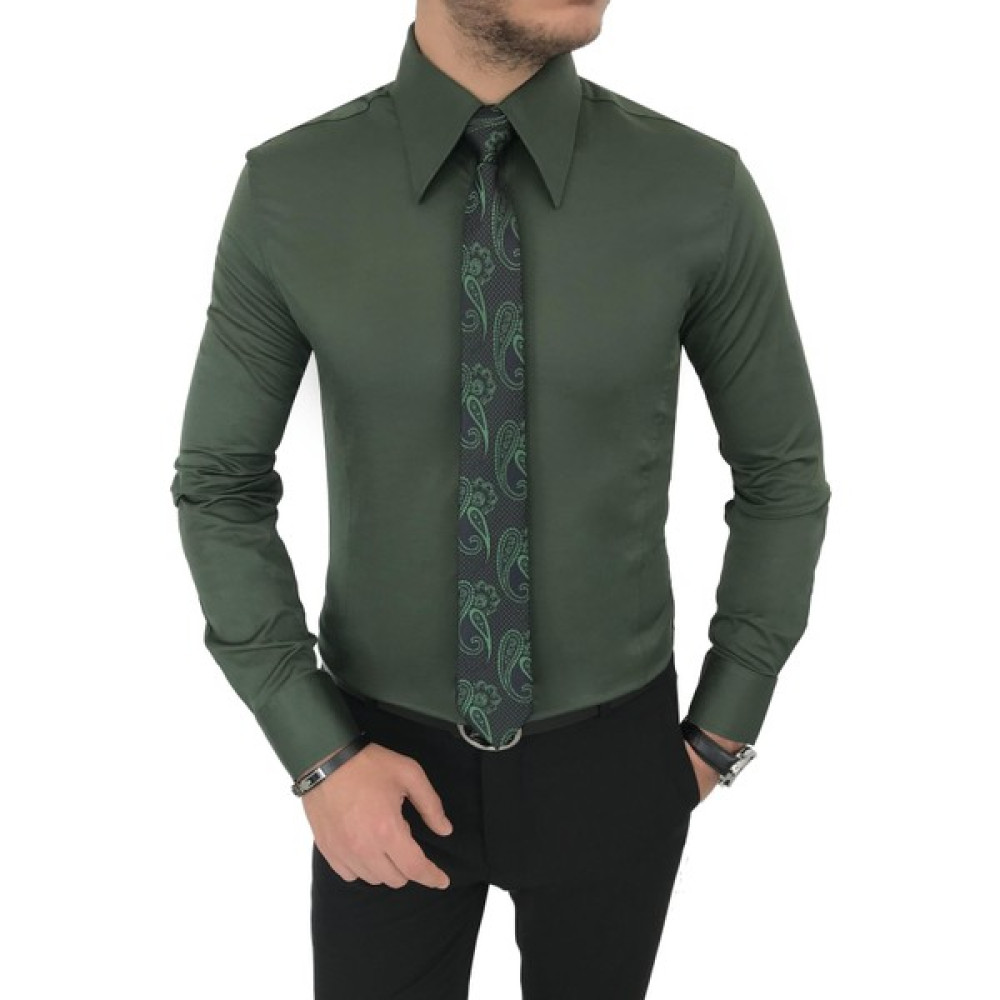 Terzi Adem Italyan Stil Slim Fit Sivri Yaka Saten Erkek Gömlek Yeşil T7209 Erkek Gömlek Fiyatı