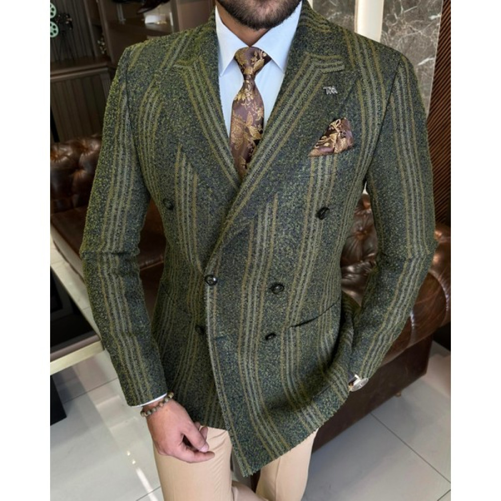 Terzi Adem Italyan Stil Slim Fit Torba Cep Kruvaze Ekose Erkek Ceket Yeşil T10291 Erkek Ceket Fiyatı