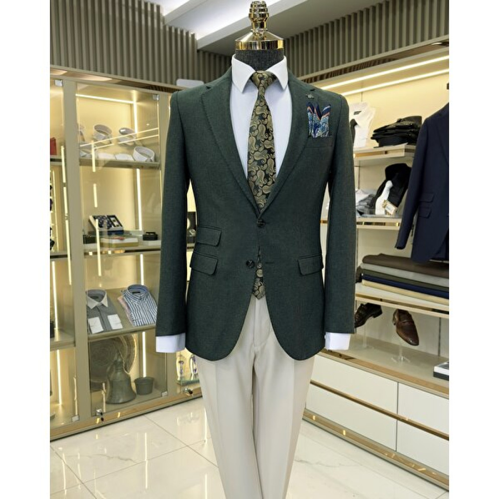 Terziademaltun Italyan Stil Slim Fit 8 Drop Mono Yaka Erkek Ceket Yeşil T10979 Erkek Ceket Fiyatı