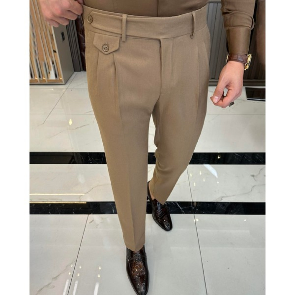 Terziademaltun Italyan Stil Slim Fit Erkek Pileli Kumaş Pantolon Camel T10797 Erkek Pantolon Fiyatı