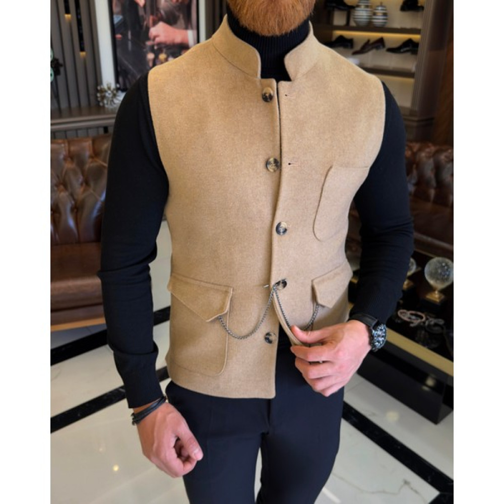 Terziademaltun Italyan Stil Slim Fit Hakim Yaka Kaşe Cepken Yelek Camel T10538 Erkek Yelek Fiyatı