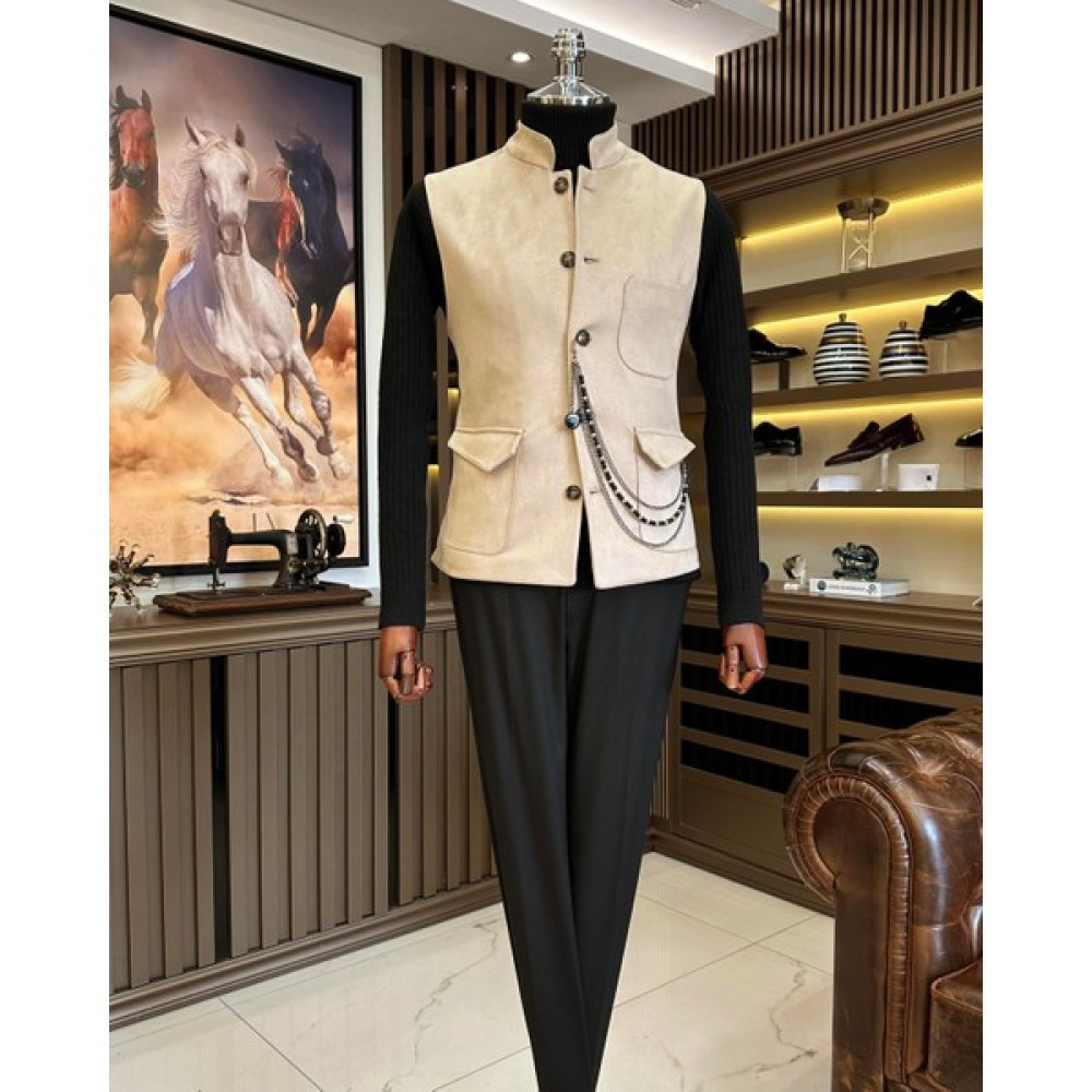 Terziademaltun Italyan Stil Slim Fit Hakim Yaka Süet Cepken Yelek Bej T10252 Erkek Yelek Fiyatı