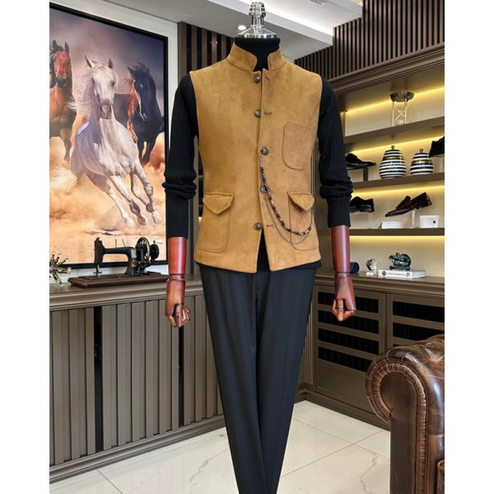 Terziademaltun Italyan Stil Slim Fit Hakim Yaka Süet Cepken Yelek Camel T10254 Erkek Yelek Fiyatı