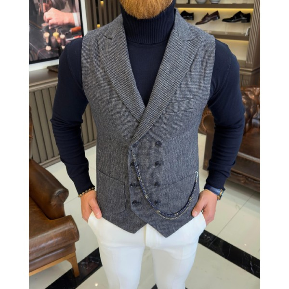 Terziademaltun Italyan Stil Slim Fit Kruvaze Kaşe Cepken Yelek Lacivert T10634 Erkek Yelek Fiyatı