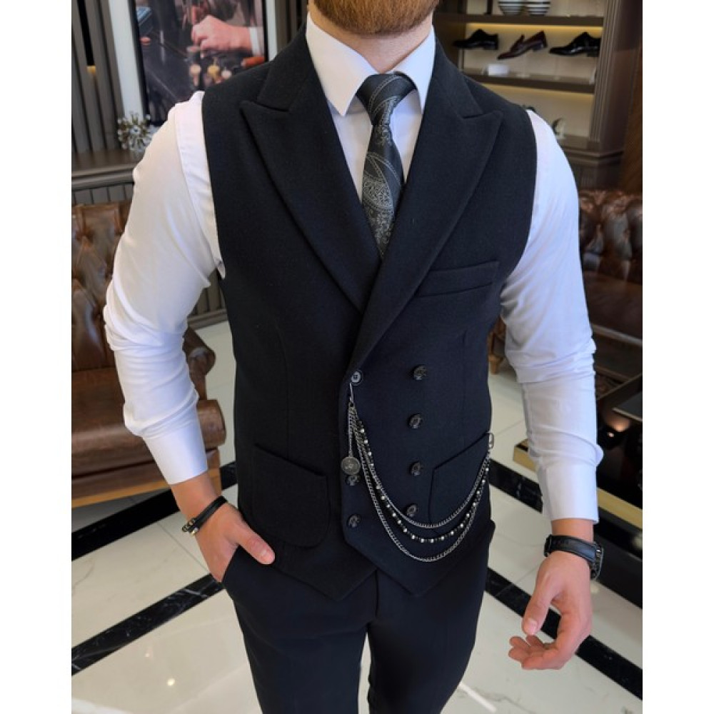 Terziademaltun Italyan Stil Slim Fit Kruvaze Kaşe Cepken Yelek Siyah T10629 Erkek Yelek Fiyatı