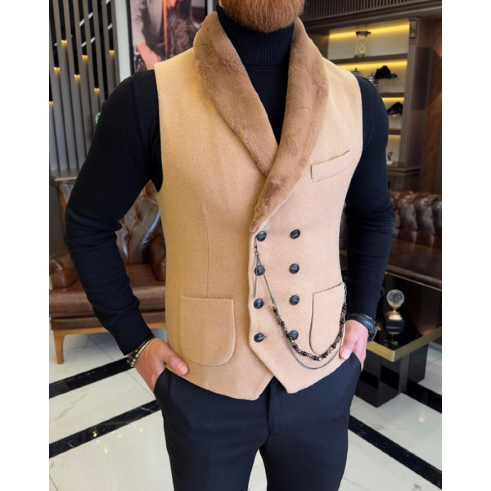 Terziademaltun Italyan Stil Slim Fit Kürklü Cepken Yelek Camel T10793 Erkek Yelek Fiyatı