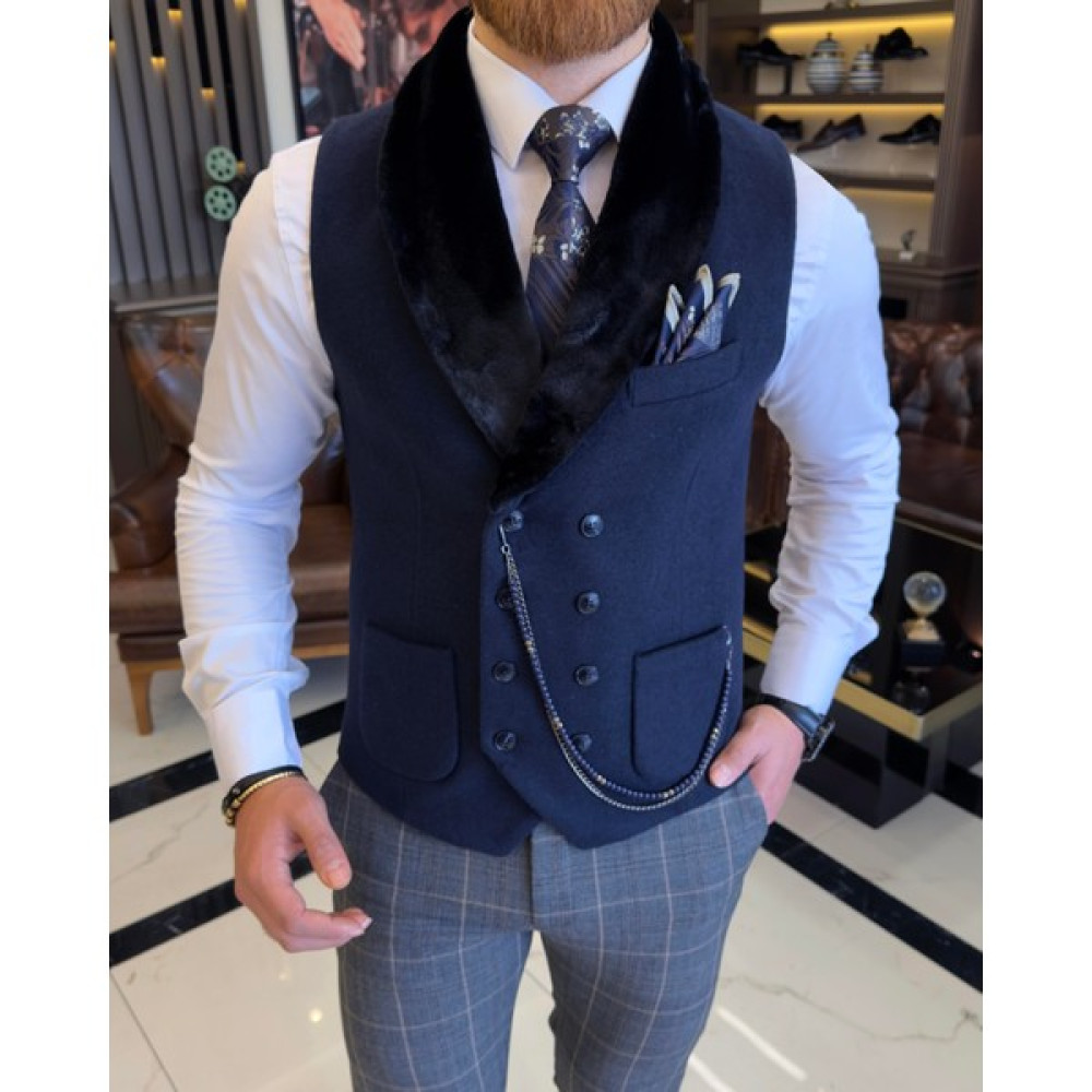 Terziademaltun Italyan Stil Slim Fit Kürklü Cepken Yelek Lacivert T10791 Erkek Yelek Fiyatı
