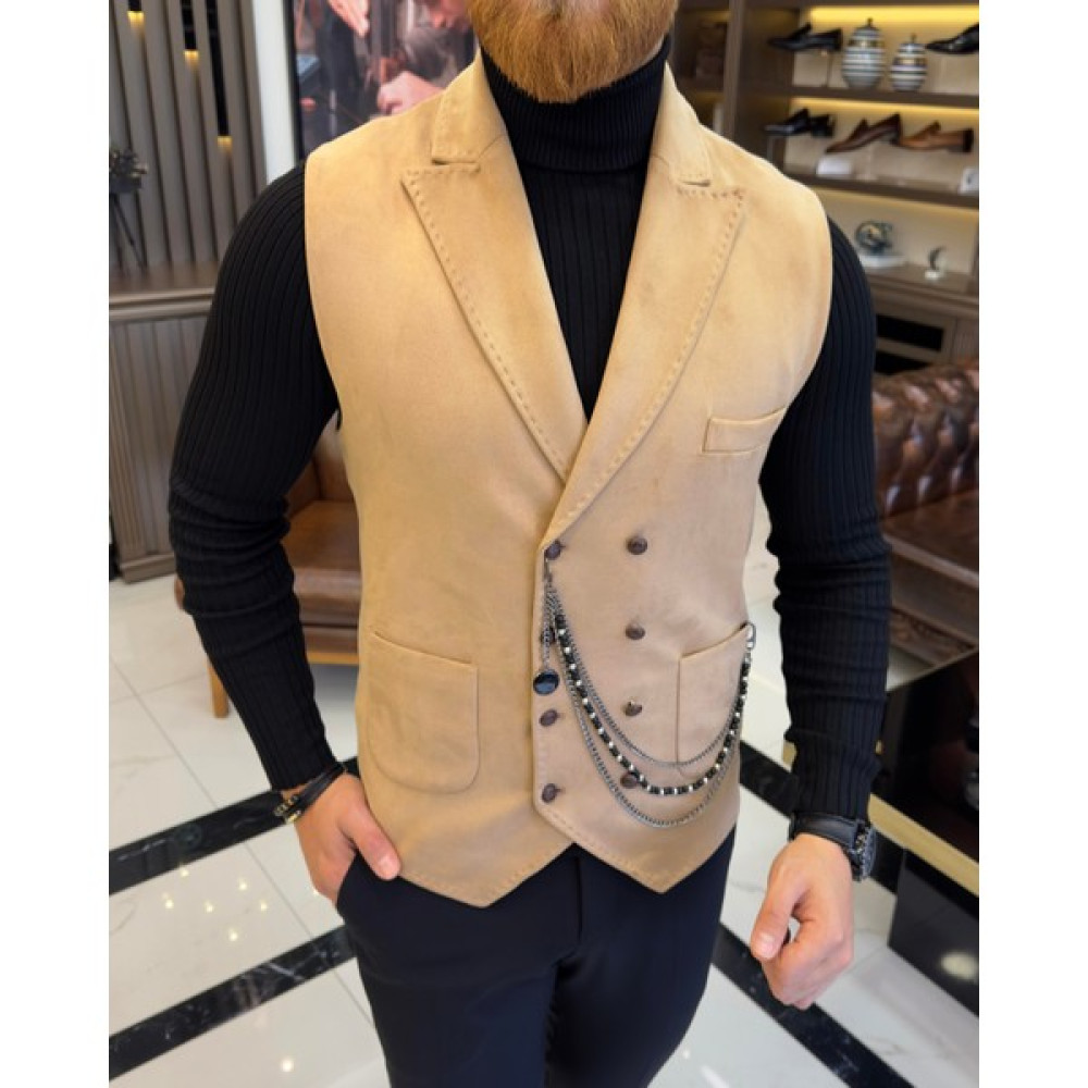 Terziademaltun Italyan Stil Slim Fit Süet Kruvaze Cepken Yelek Bej T10168 Erkek Yelek Fiyatı