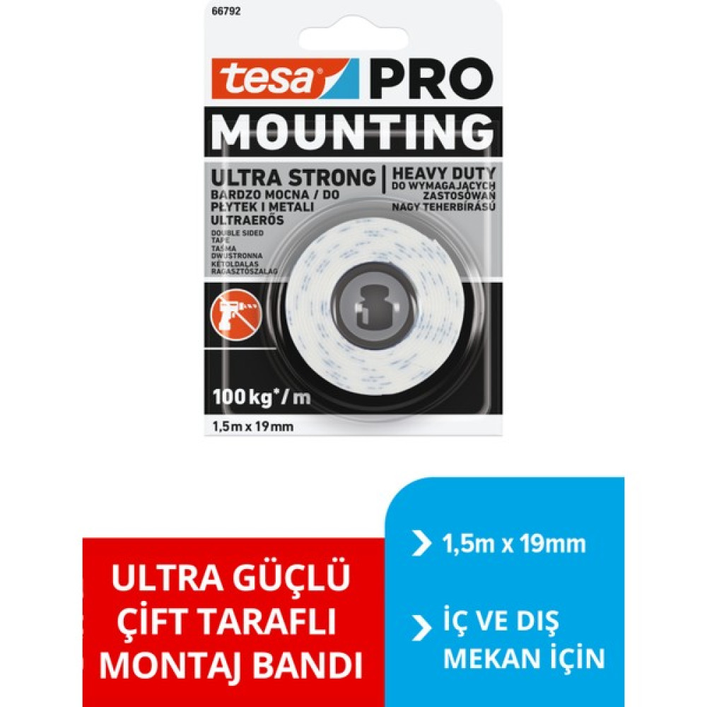 Tesa Çift Taraflı Montaj Bandı - tesa PRO 66792 Ultra Güçlü İç Mekan Montaj Bandı, 1.5m x 19mm  Ofis Makineleri (Araçları) Fiyatı