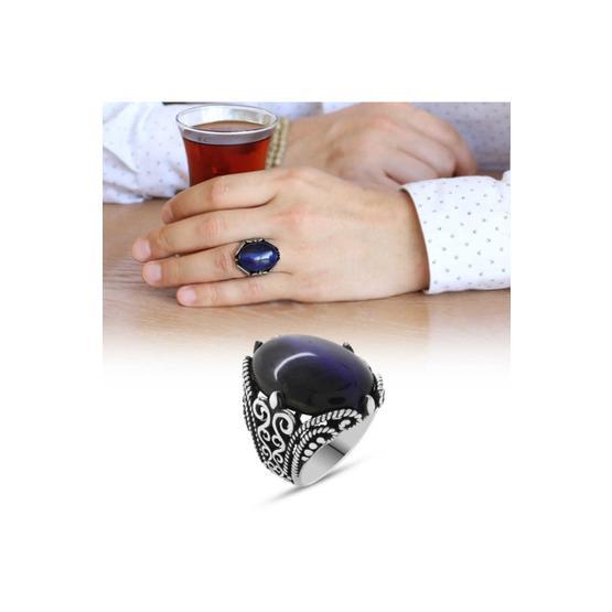 Tesbihane Mavi Kaplangözü Taşlı Ferforje Tasarım 925 Ayar Gümüş Erkek Yüzük
