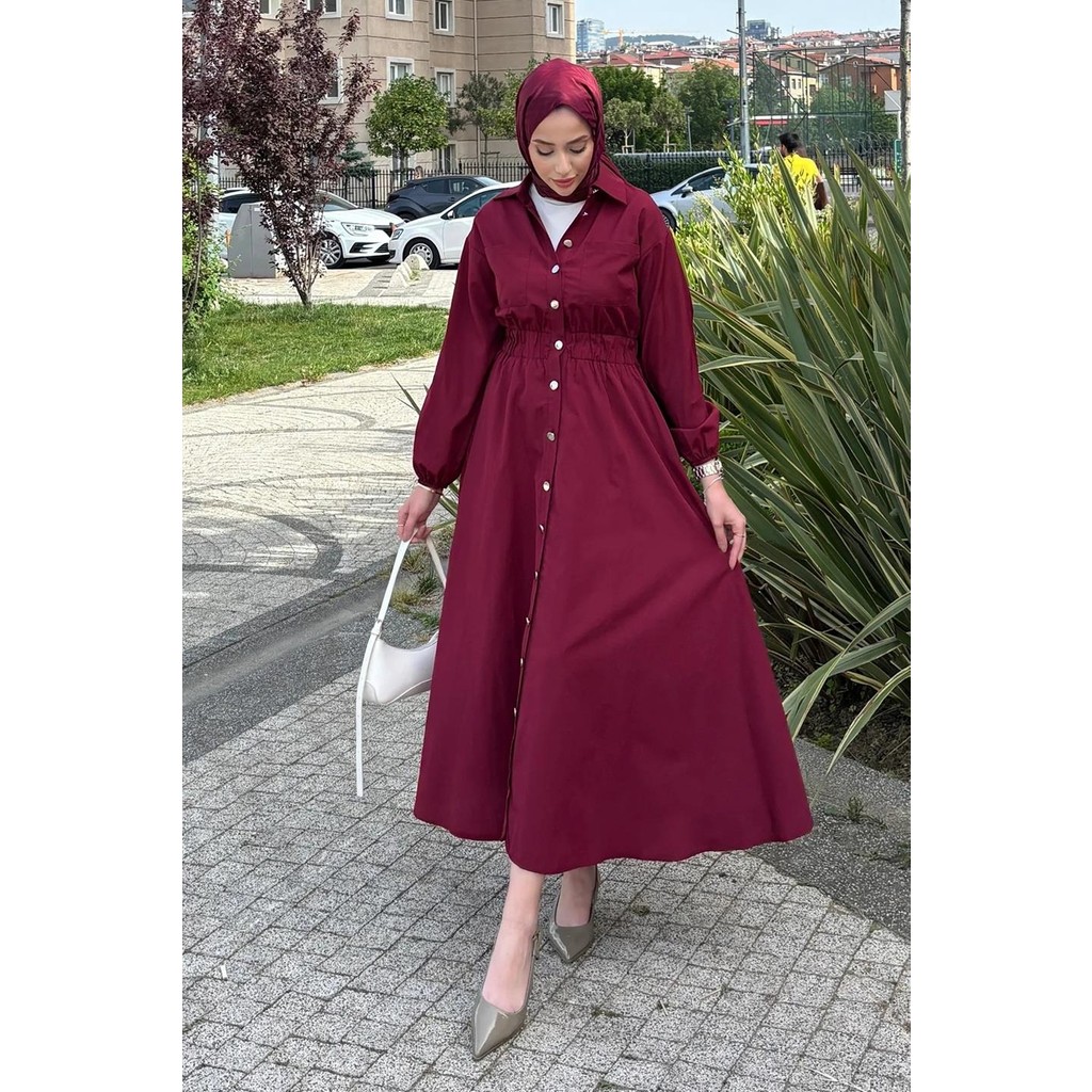 Tesettür Diyarı Yazlık Rapalin Elbise- Bordo Elbise Fiyatı