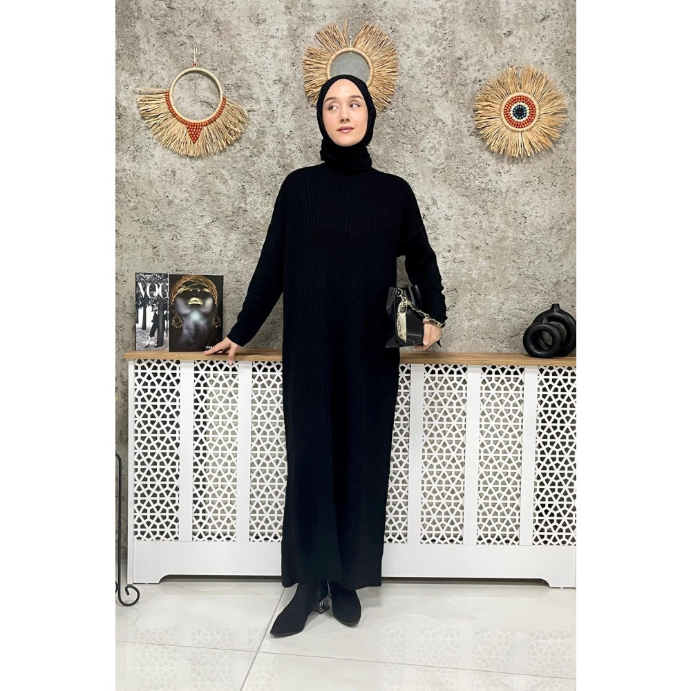 Tesettür Vagonu Yarım Balıkçı Siyah Triko Elbise STD Beden Tesettür Giyim Fiyatı