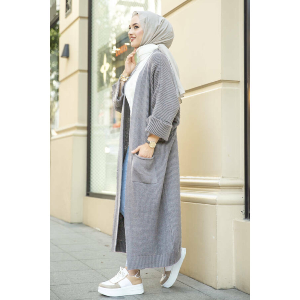 Tesetturcemoda Bayan Triko Hırka Gri 110 Cm Tesettür Giyim Fiyatı