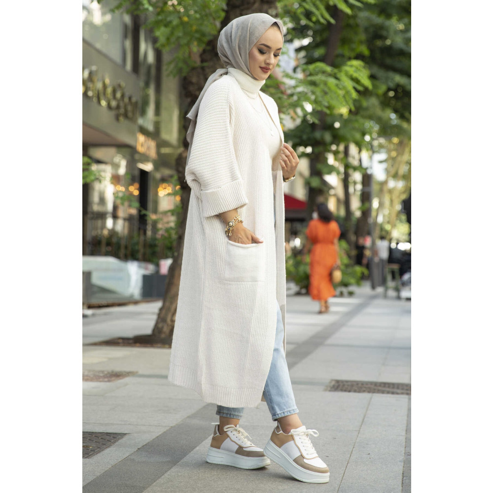 Tesetturcemoda Kadın Triko Hırka Kırık Beyaz Tesettür Giyim Fiyatı