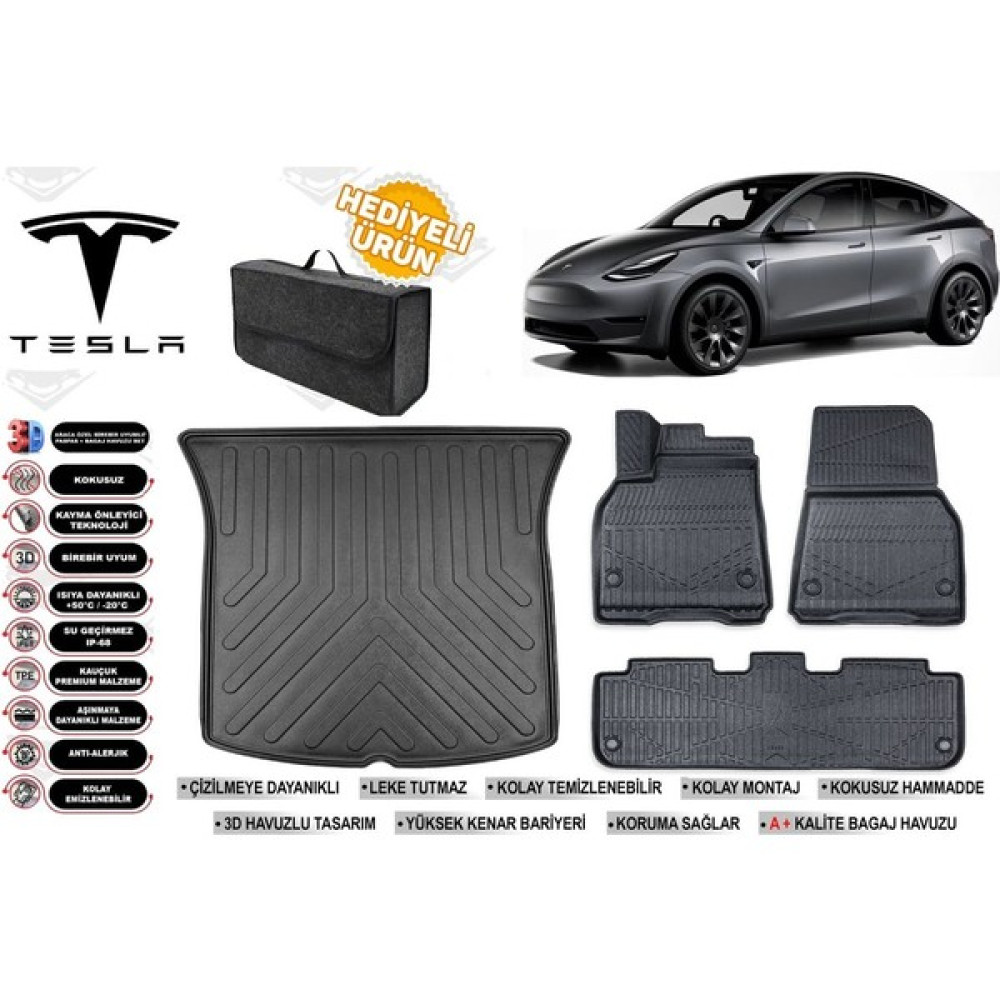 Tesla Model Y 2020 Model Bagaj Havuzu+Paspas Seti Profesyonel Serisi Hediyeli - Siyah Bagaj Havuzu Fiyatı