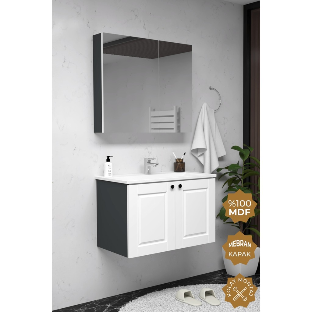 Teta Home Aldera 80 cm Mdf Gövde Membran Kapak Banyo Dolabı Seti - Antrasit - Beyaz Banyo Dolabı / Mobilyası Fiyatı
