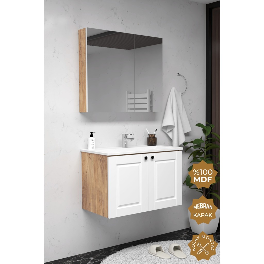 Teta Home Aldera 80 cm Mdf Gövde Membran Kapak Banyo Dolabı Seti - Atlantik Çam - Beyaz Banyo Dolabı / Mobilyası Fiyatı