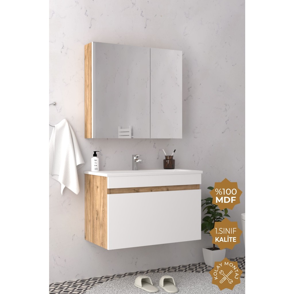 Teta Home Mersin 80 cm Mdf Banyo Dolabı Seti - Atlantik Çam - Beyaz Banyo Dolabı / Mobilyası Fiyatı