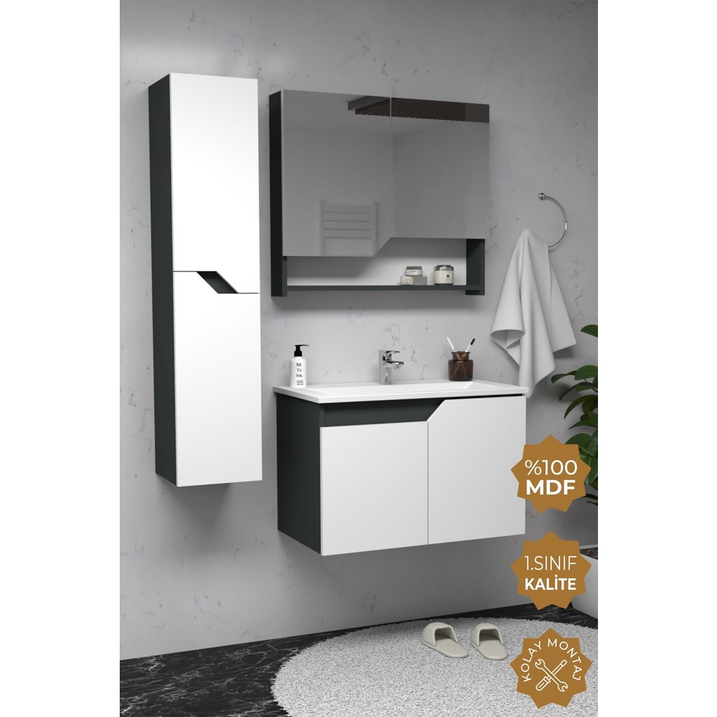 Teta Home Napoli 65 Cm Mdf Banyo Dolabı Seti + Boy Dolabı - Parlak Beyaz - Antrasit Banyo Dolabı / Mobilyası Fiyatı