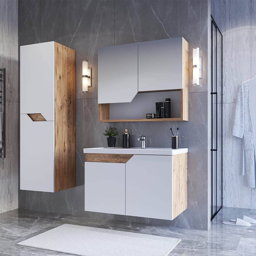 Teta Home Napoli 65 Cm Mdf Banyo Dolabı Seti + Boy Dolabı - Parlak Beyaz - Atlantik Çam Banyo Dolabı / Mobilyası Fiyatı