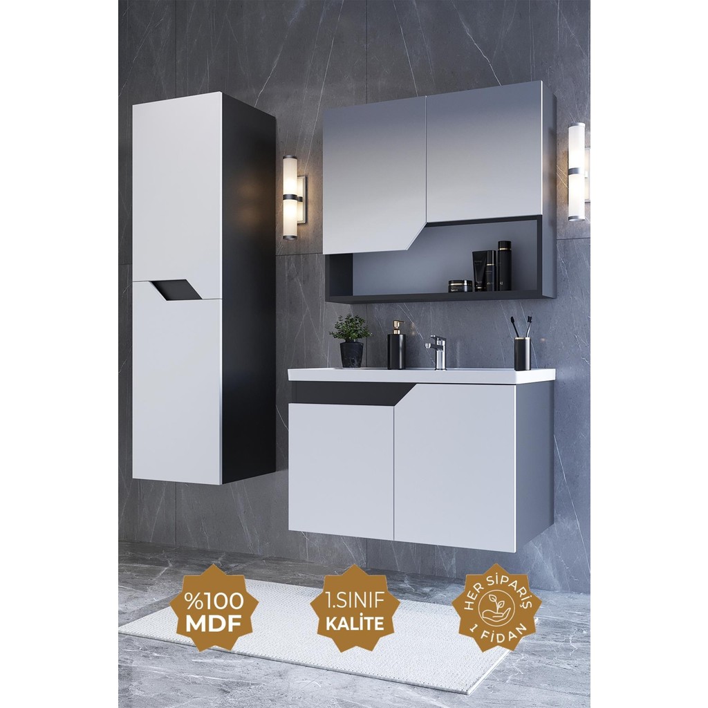 Teta Home Napoli 80 cm Mdf Banyo Dolabı Seti + Boy Dolabı - Antrasit - Beyaz Banyo Dolabı / Mobilyası Fiyatı